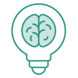 Graphic icon of a lightbulb with a brain inside